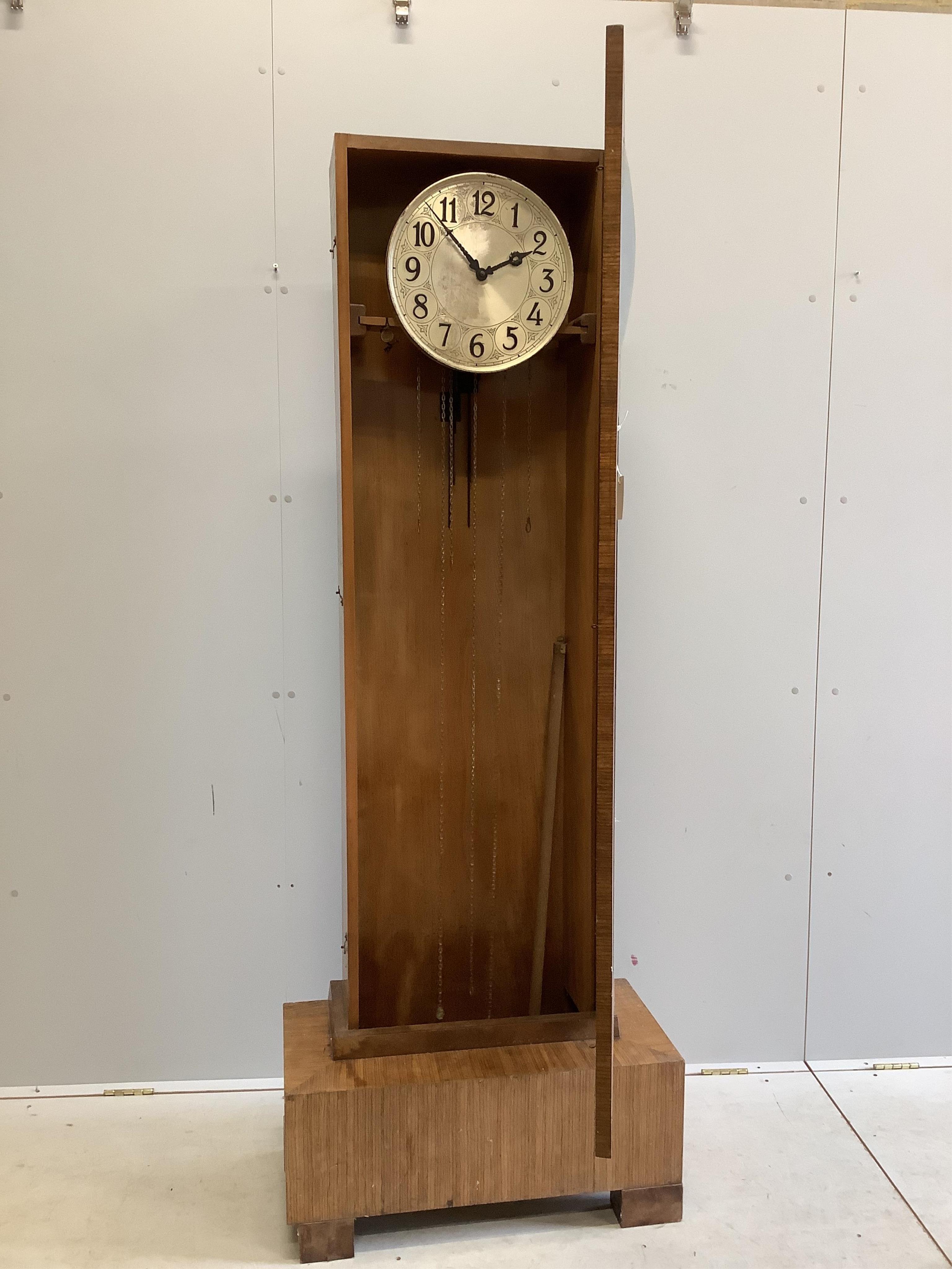 An Art Deco walnut longcase clock, height 196cm. Condition - fair